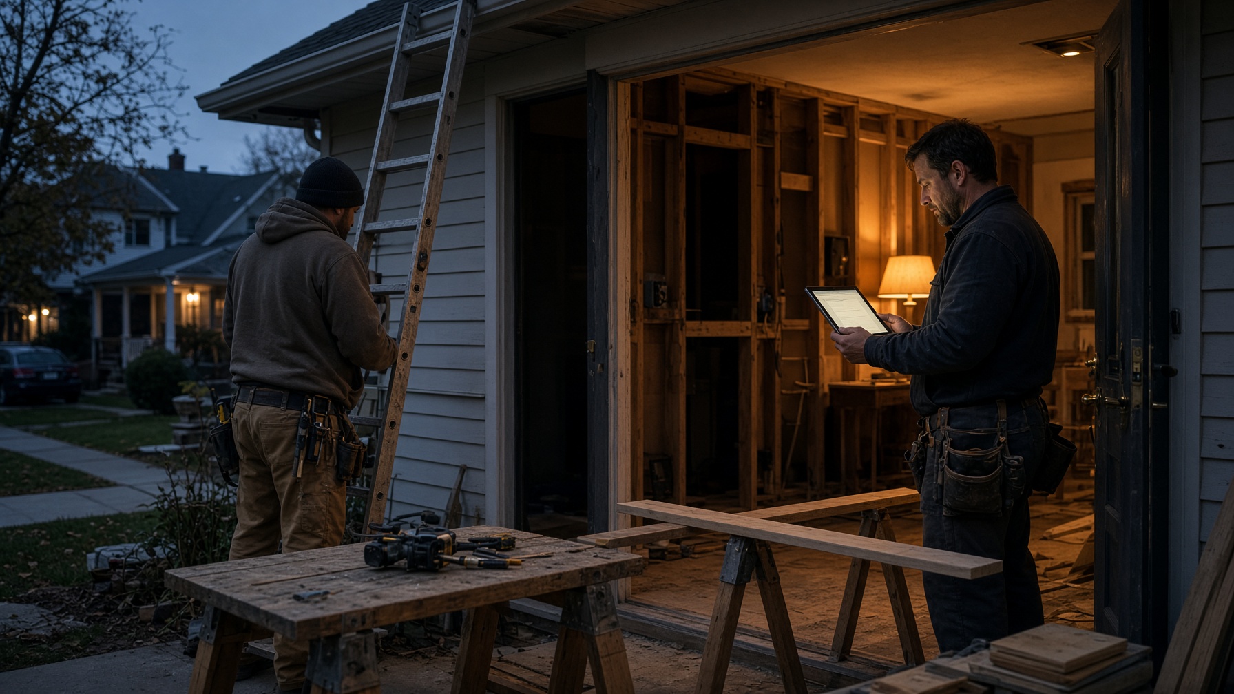 A crew wrapping a remodel at dusk, one person reading the estimate on a tablet.