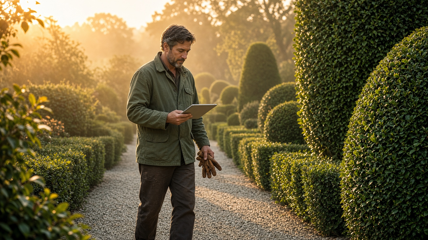A landscape crew in a long garden at the edge of evening.