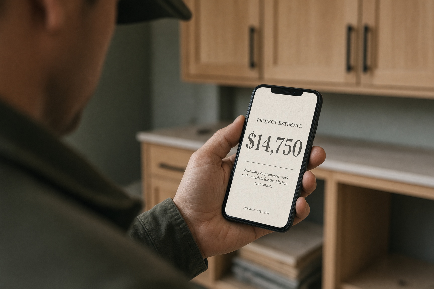 A client on site holding a phone with the estimate open.