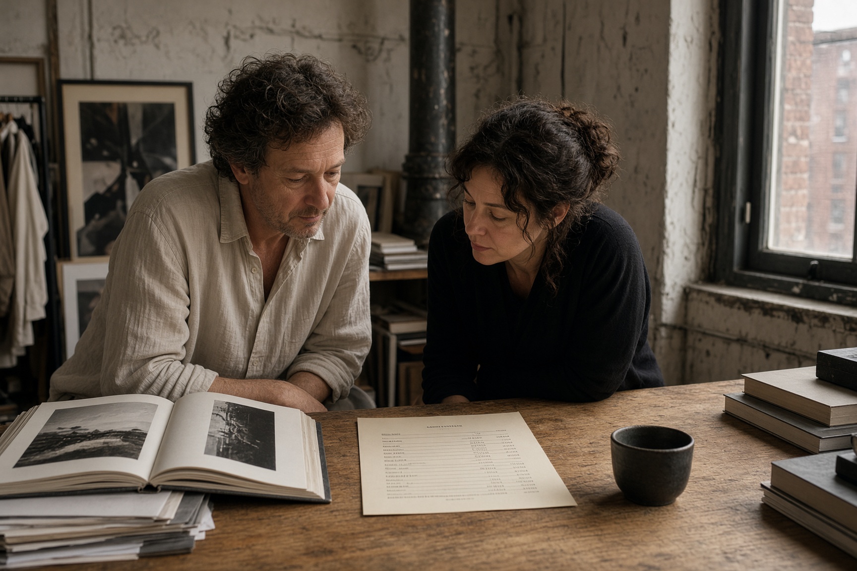 A photographer and a client reviewing a cream estimate in a loft.